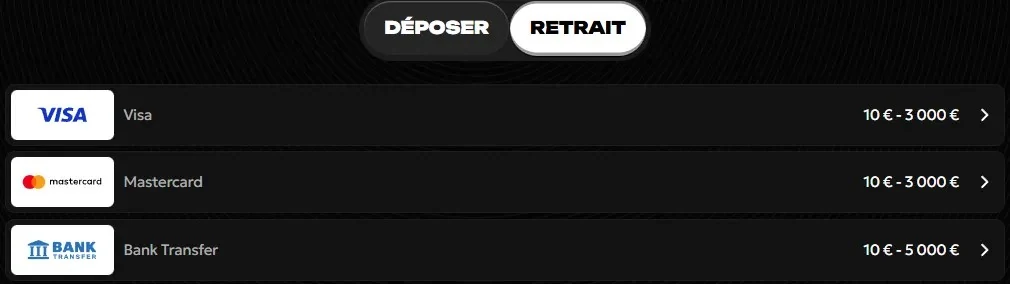 Retraits Spinsy : Visa, Mastercard et virement, de 10 € à 5 000 €